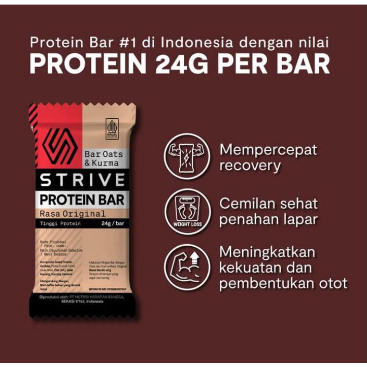 

Strive Protein Bar 1 pc 24g Protein/ Protein Bar Oats dan Kurma Bpom