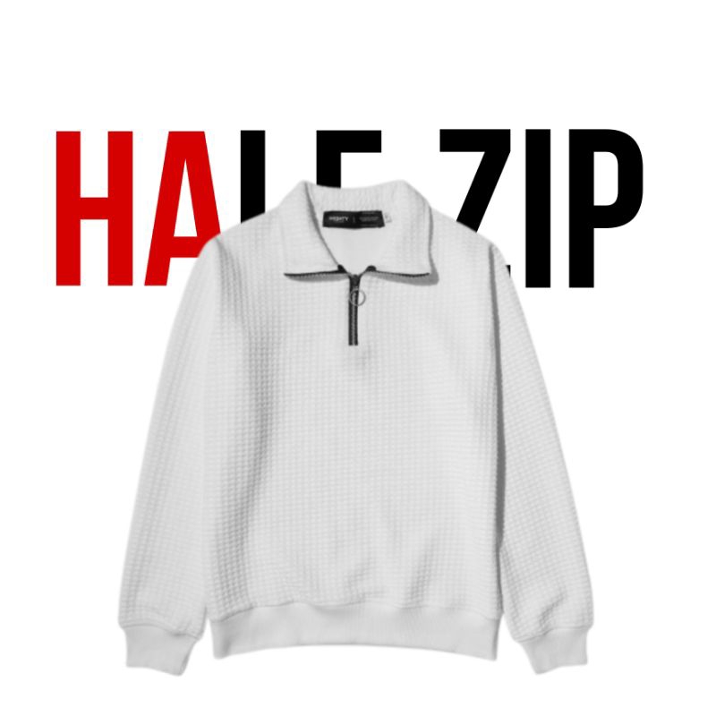 WAFLLE HALF ZIP SWEATSHIRT || JAKET SWEATER PUTIH MOTIF WAFLLE
