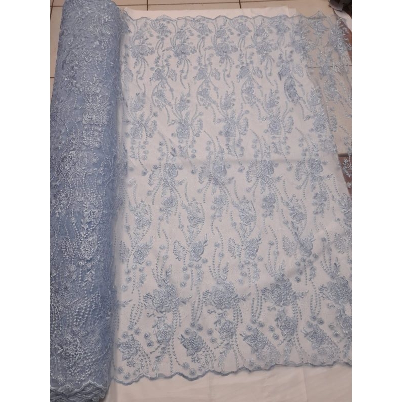 Bahan Kain Tile Bordir Daun Pakai Mutiara Harga