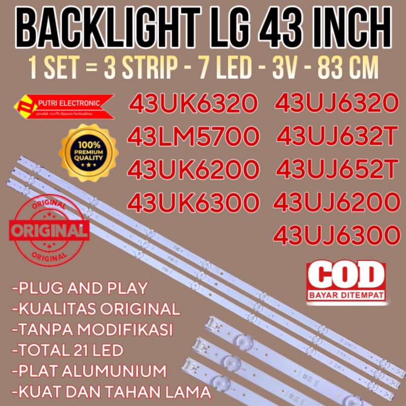 lampu BACKLIGHT TV LG LED 43 INCH 43UJ6320 43UJ632T 43UJ652T 43UJ6200 43UJ6300 43UK6320 43LM5700 43U