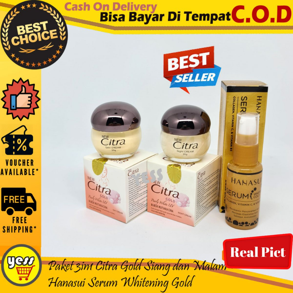 Paket 3in1 Citra Gold Siang dan Malam + Hanasui Serum Whitening Gold Cream Citra Gold Ori Citra Gold