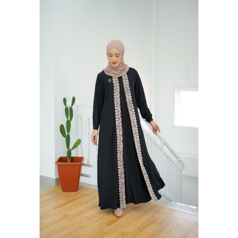 Elhurriyah Gamis Abaya Lunaria Dress Hitam Putih Umroh Dubai Polos Hawa Arab Saudi