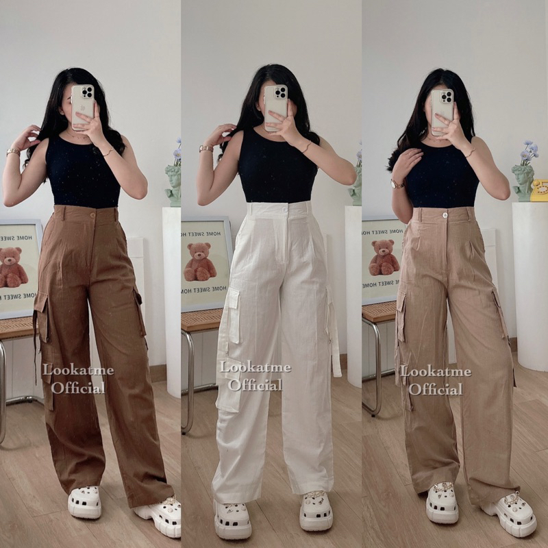 lookatmeofficial - Lizzy Cargo Linen Pants - Celana Kulot Kargo Bahan Linen