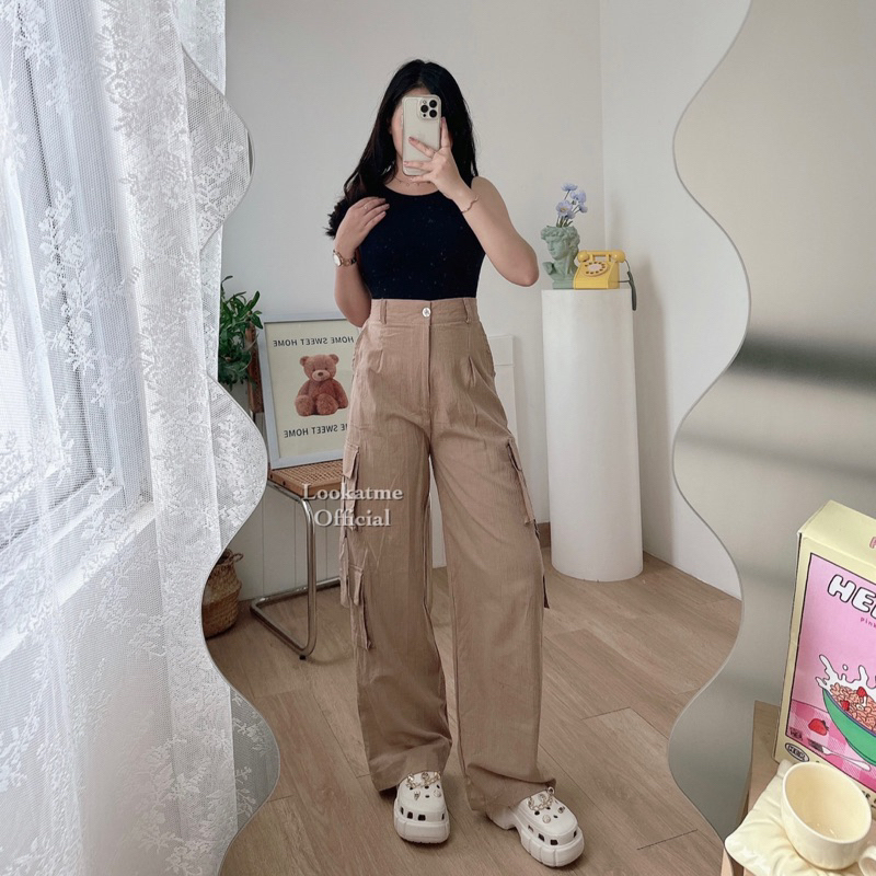 lookatmeofficial - Lizzy Cargo Linen Pants - Celana Kulot Kargo Bahan Linen