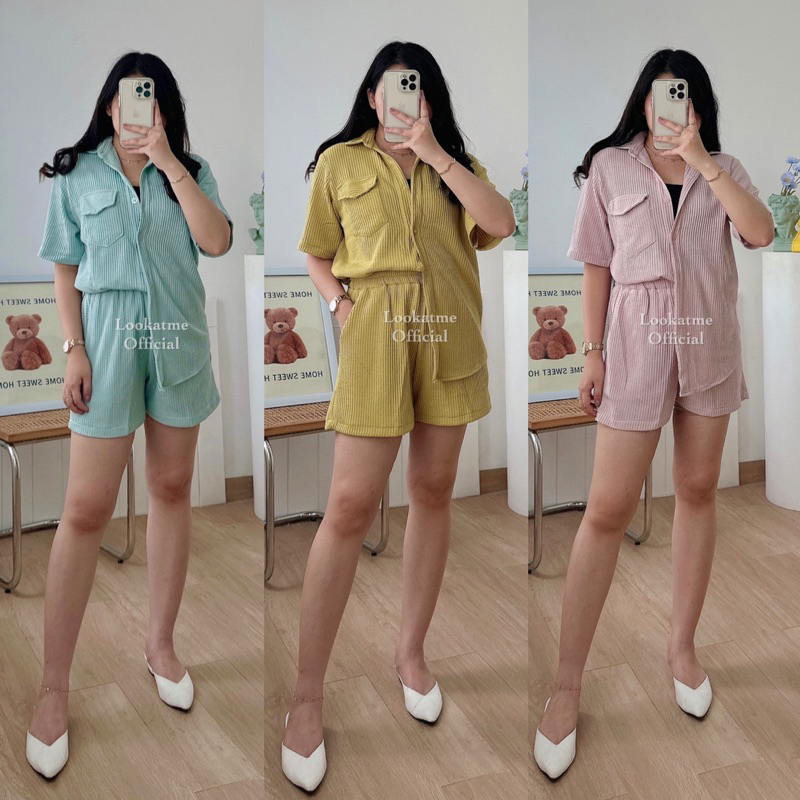 lookatmeofficial -  Tiffany One Set Wanita Celana Pendek Kemeja Oversize