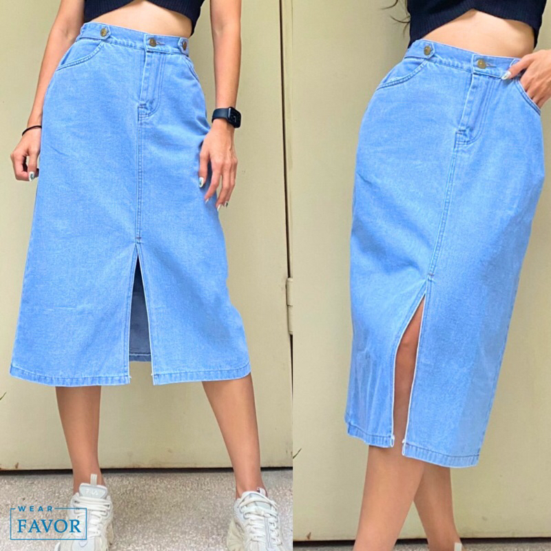 Rok jeans midi slit panjang tengah variasi kancing2