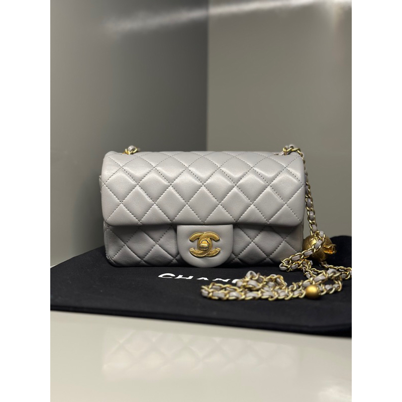 Preloved Second Chanl Mini Rectangle Rectangular Grey Lambskin With Pearl Crush Adjustable Strap Sho