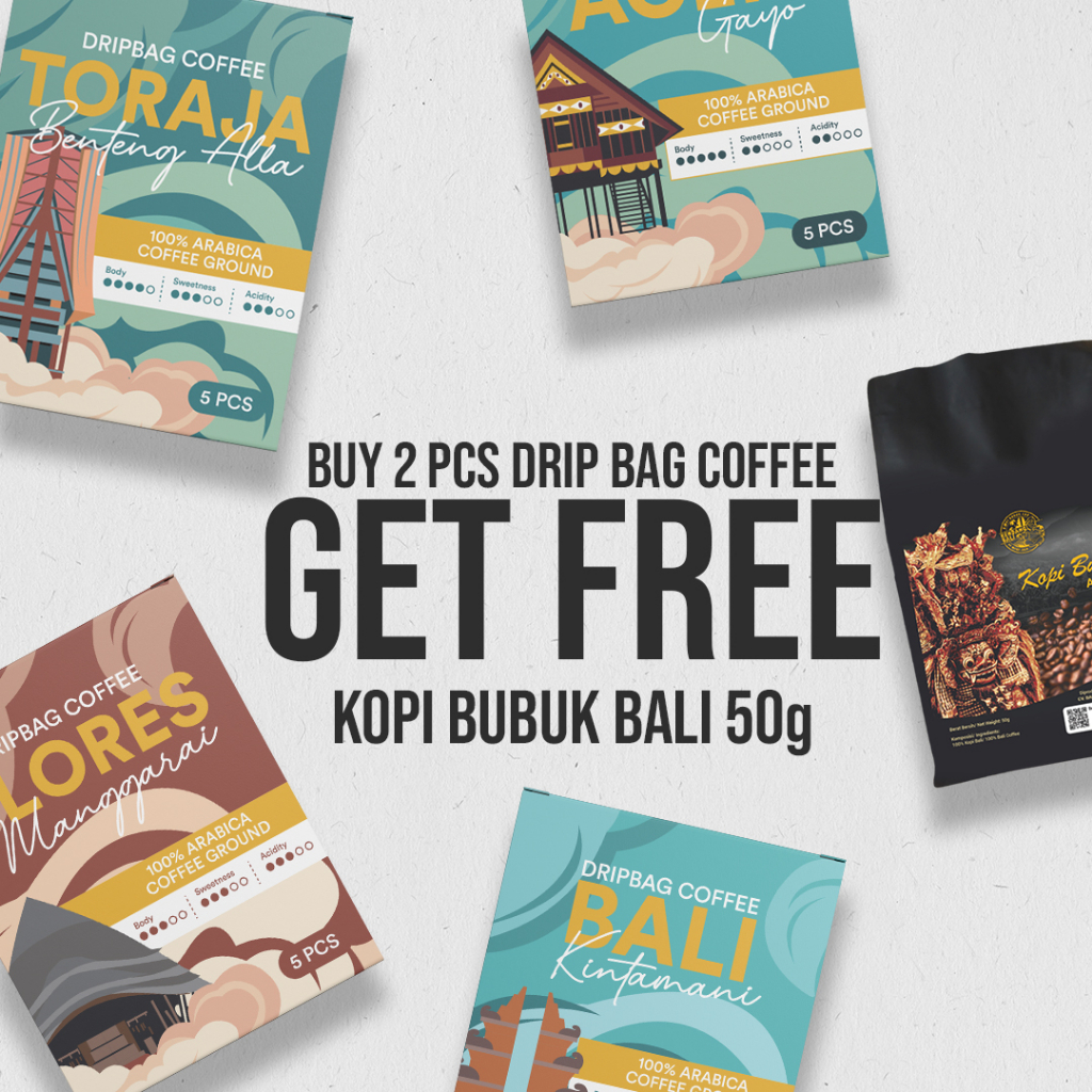 

Promo Bundling ǀ Buy 2 box Gujji Dripbag Coffee Nusantara Series FREE Kopi Kendang Bali 50g