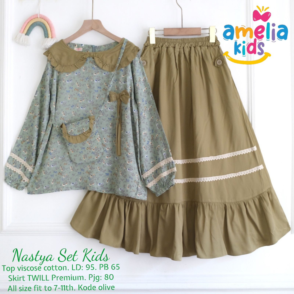 NASTYA SET ROK ORIGINAL BY AMELIA KIDS SETELAN BLOUSE LENGAN PANJANG MOTIF BUNGA DAN ROK FREE TAS ON