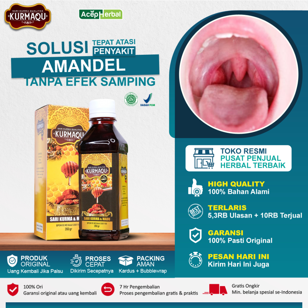 Obat Herbal Khusus Amandel Anak dan Dewasa BPOM, Obat Amandel Bengkak, Obat Radang Amandel, Obat Nyeri Tenggorokan Sulit Menelan,  Sesak Nafas, Gondokan, Asma, Tonsil Akut Dan Kronis, Tumor, Kista, Lipoma, Panas Dalam -  KURMAQU 100% MADU ASLI