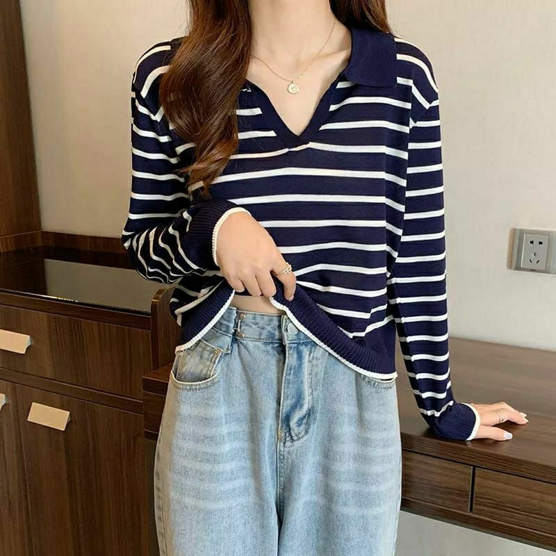 KNITWEAR SWEATER CROP RAJUT SWEATER BERGARIS BAJU RAJUT IMPORT CROP TOP LENGAN PANJANG KERAH V