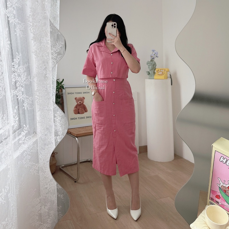 lookatmeofficial - One Set Rok Linen Belca Set Wanita - Setelan Rok dan Kemeja Crop Wanita Bahan Linen