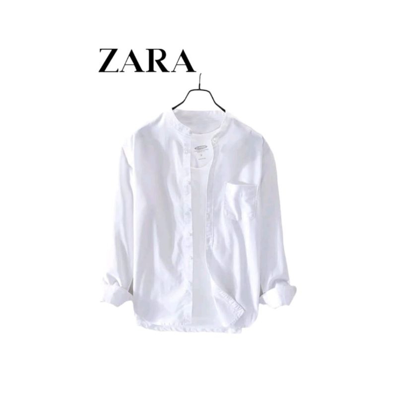ZARA Kemeja Pria Putih Kerah Shanghai Polos Panjang Slim Fit