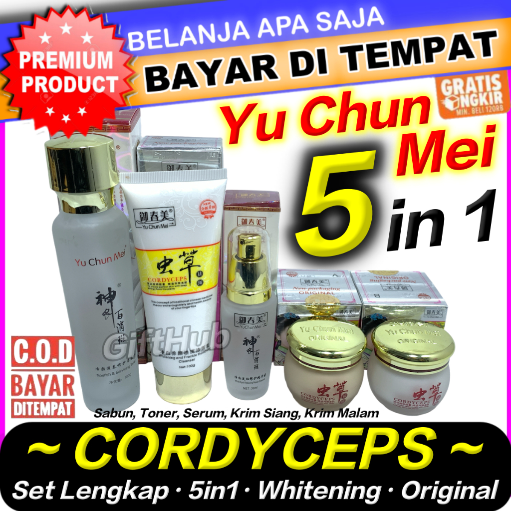 Set Lengkap 5 in 1 Krim Herbal Cordysep Yu Chun Mei Siang dan Malam Sabun Toner dan Serum Pemutihh W
