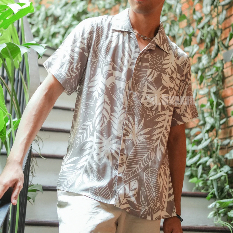 D.linquent - Baju Kemeja Hawaii Pantai Bali Lengan Pendek Motif Daun Putih