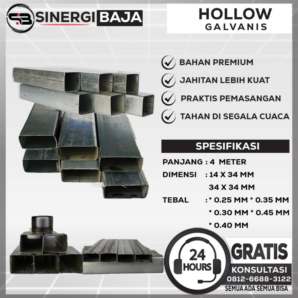 Besi Hollow Galvanis Panjang 4 Meter Tebal 0.30 mm Rangka Besi