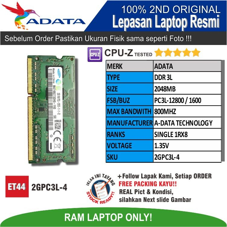 ET44 2GPC3L-4 RAM Laptop ADATA PC3L-12800 2048MB SINGLE 1RX8