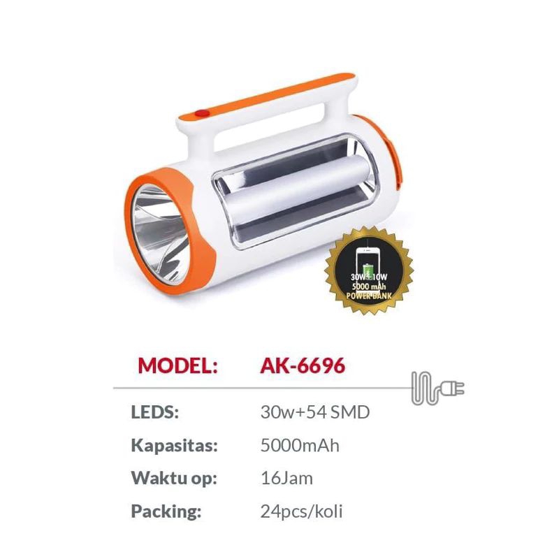 AOKI Senter Mulltifungsi 30W+54SMD POWER BANK / @AOKI SENTER LED MULTIFUNGSI AK-6696 30W + 54 SMD 5000mAh