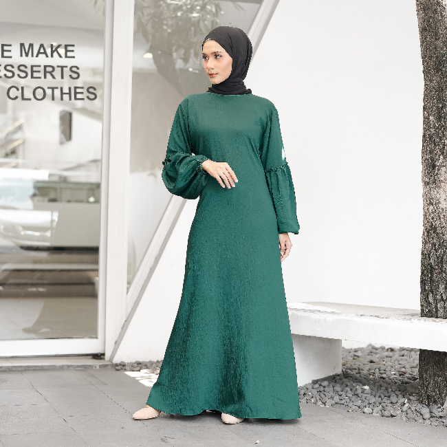 NEMOKITS Gamis Farah - Gamis Polos Polo Linen Maxi Dress Pakaian Wanita Gamis Lengan Balon Warna Hij