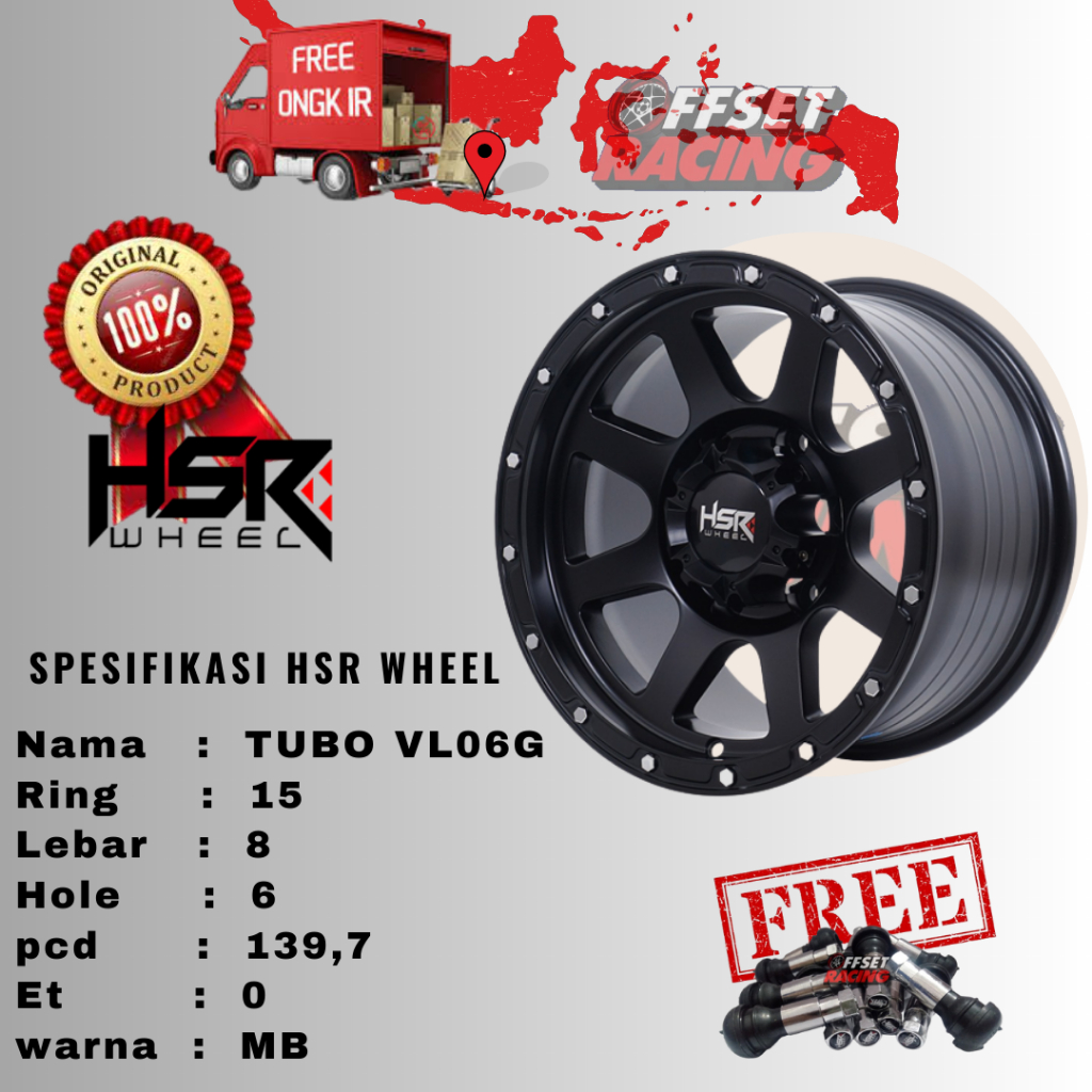 Velg HSR TUBO R15 Lubang 6 Untuk mobil Dmax, Panther New Hardtop, Hilux Double, Land Cruiser, Prado