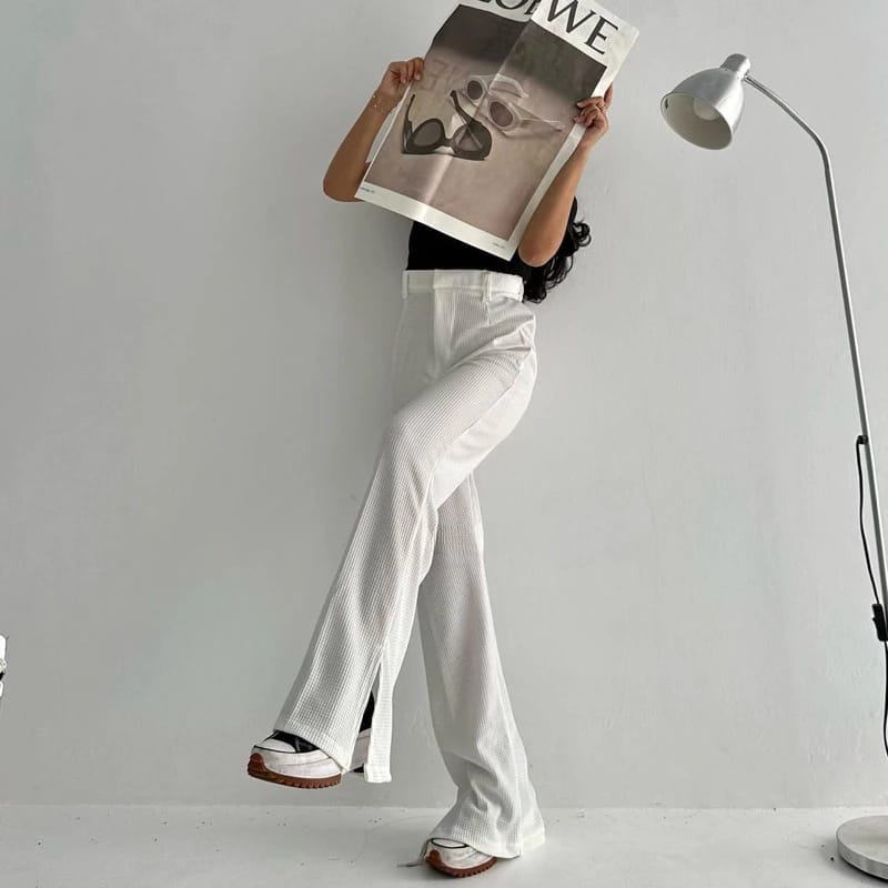 Celana Knit Waffle Slit - Celana Cutbray Knit Rib Panjang - Knit Pants - celana wanita