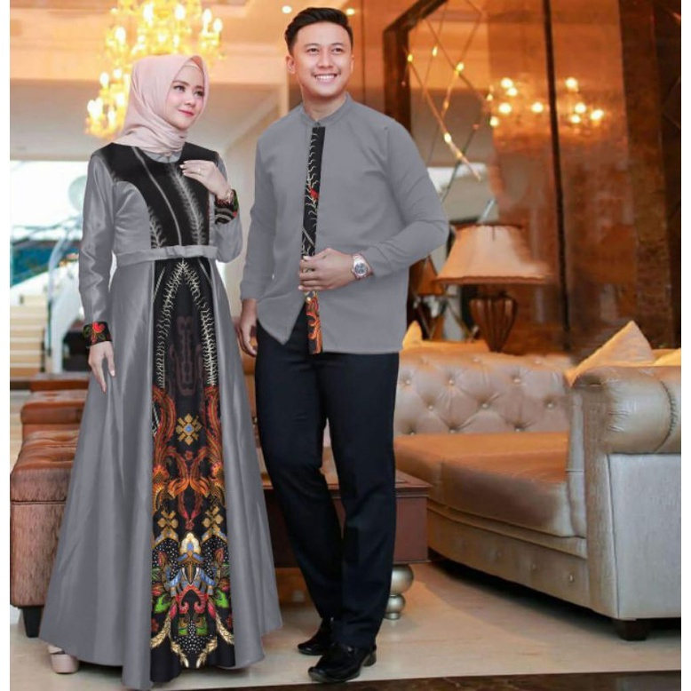 Baju Couple Kapel Gamis Kemeja Batik Malika Pria Wanita Suami Istri Pesta Lebaran Mewah Elegan Moder