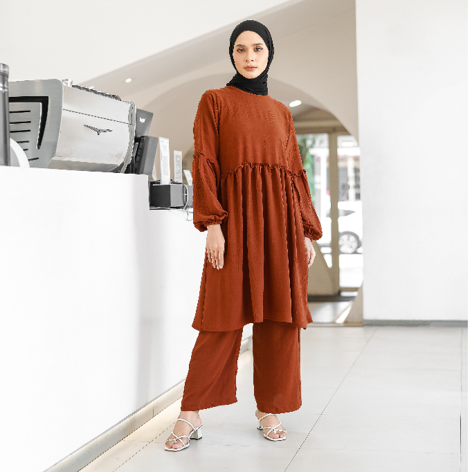 NEMOKITS Ciara Set Gamis Wanita Setelan Elegan Nyaman Stylish Warna Merah Bata Daily Wear All Size