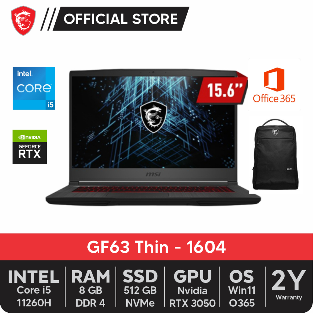 MSI THIN GF63-1604 Intel i5-11260H 8GB 512GB RTX3050 15.6"FHD O365