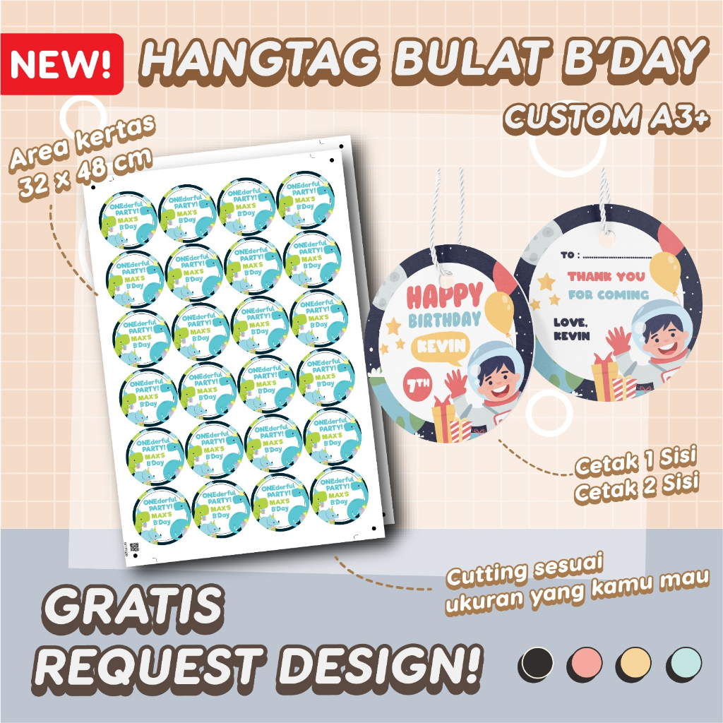 

Hang Tag Ulang Tahun Anak Bulat Custom A3 Tag Label Souvenir Bingkisan Snack Free Design