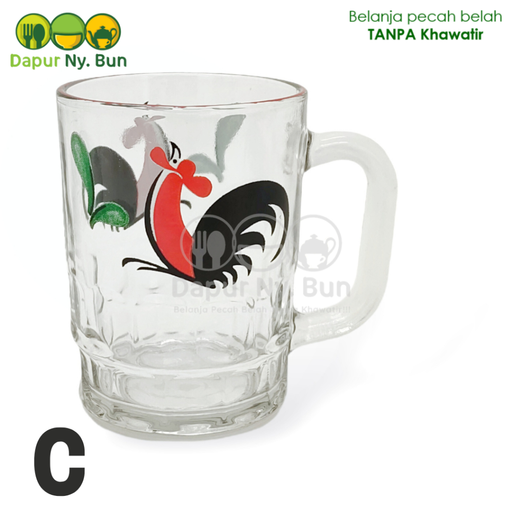 Mug Gelas Kaca Bening Motif Ayam Jago Ready