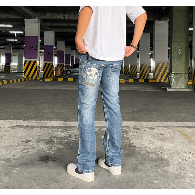 Celana Blue Jeans / Y2k Ba-Tsu Studio Skull Edition Blue Jeans Longpants Washed Regyler Fit