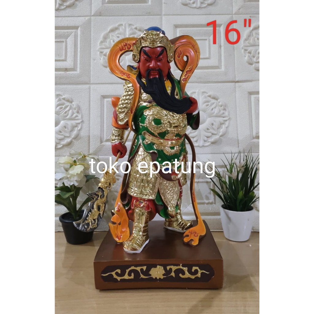 patung dewa kwan kung / kwan kong  -16 inch fiber - 5 bendera (l)
