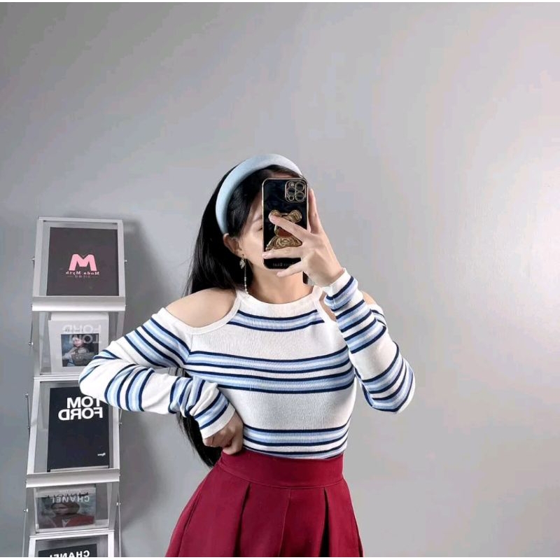 Volbie Top Baju Atasan Wanita Shoulder Off Lengan Panjang Korean Style
