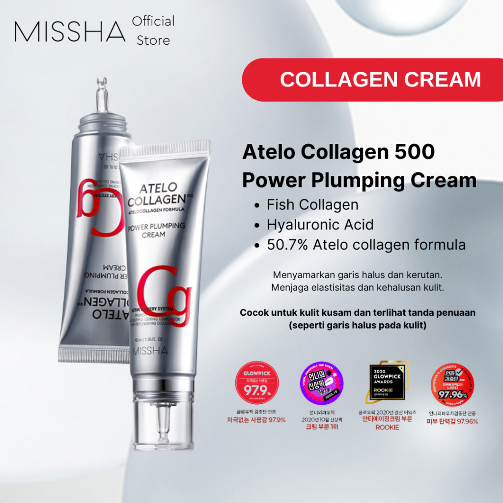 MISSHA ATELO COLLAGEN 500 POWER PLUMPING CREAM (40ml), Pelembab AntiAging Glowing Moisturizer Day & 