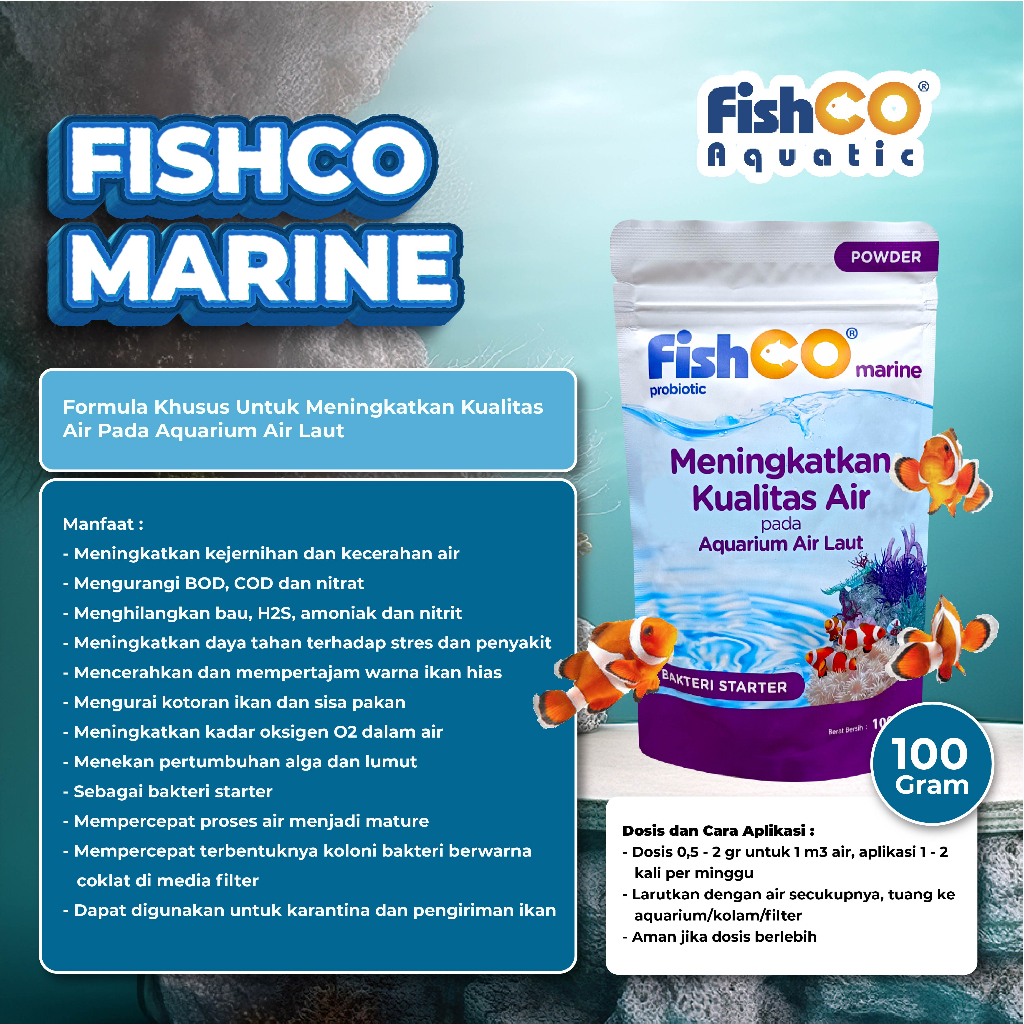 FISHCO Probiotik Marine Bakteri Starter Penjernih air 100gr Akuarium Air Laut