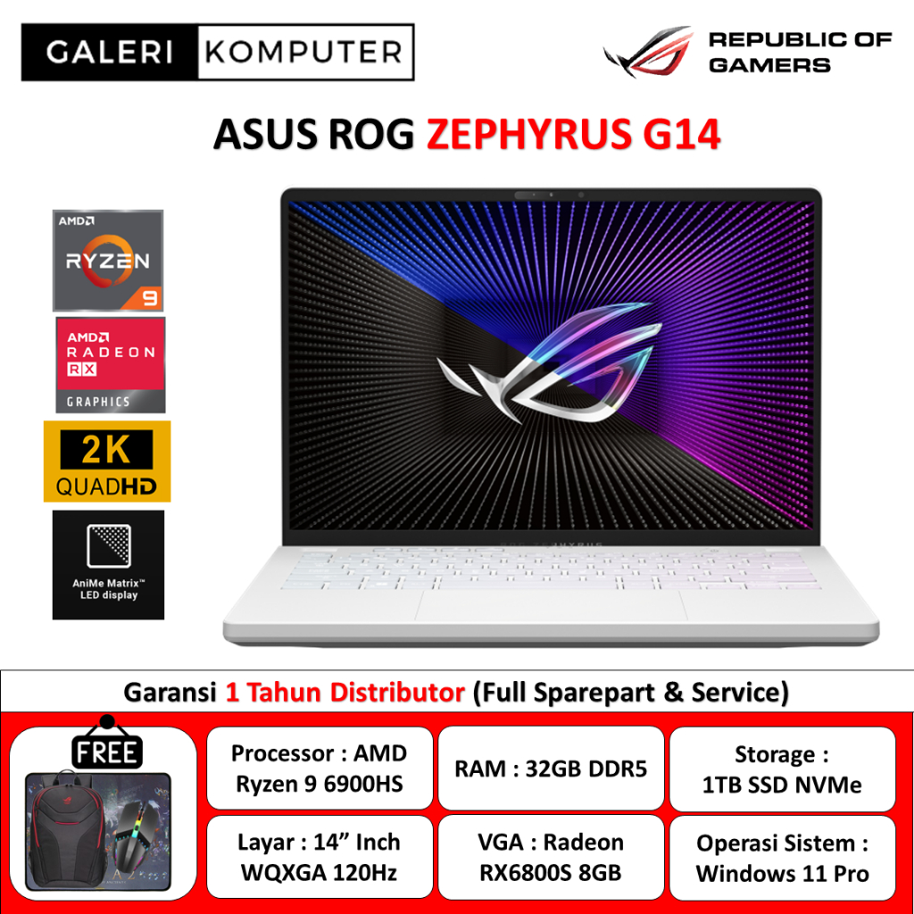 LAPTOP GAMING ASUS ROG ZEPHYRUS G14 GA402RK AMD RYZEN 9 6900HS 32GB DDR5 1TB SSD RX6800S-8GB 14.0 WQ