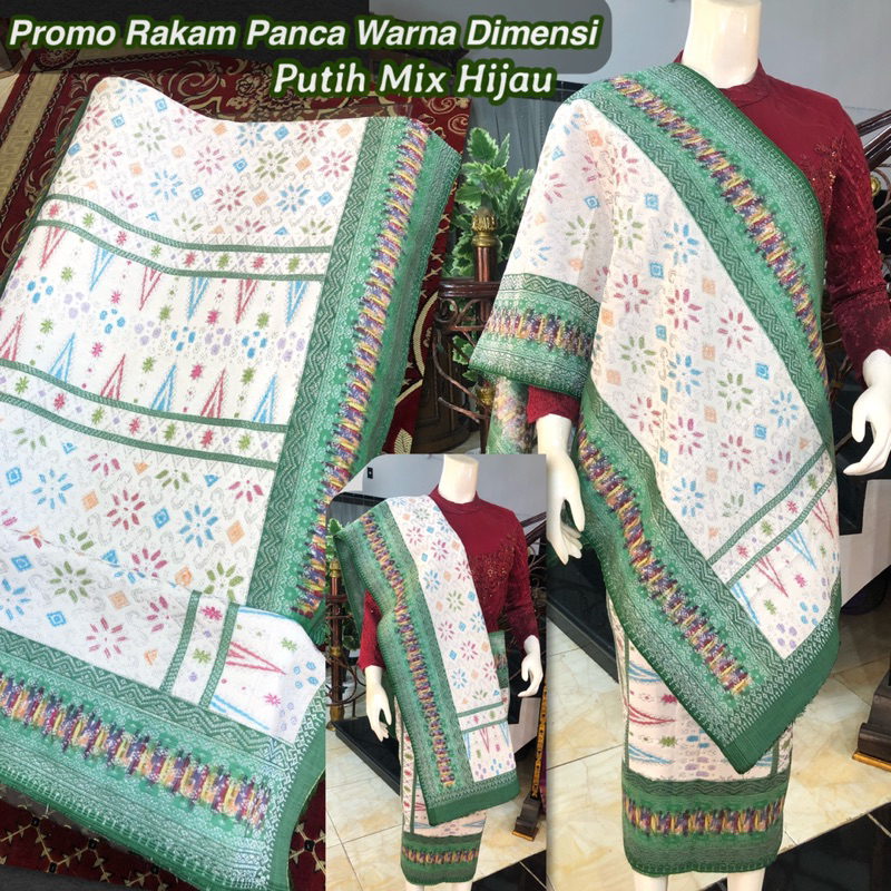 PROMO Songket Rakam Panca Warna 5 Dimensi /Putih mix Hijau / songket tenun asli palembang /ilham son