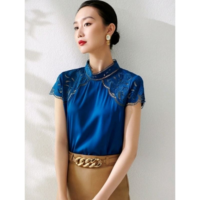 BELLADONA Embroidered Blouse Lengan Pendek New Arrival - Baju Atasan Murah Bahan Silk Satin Import P