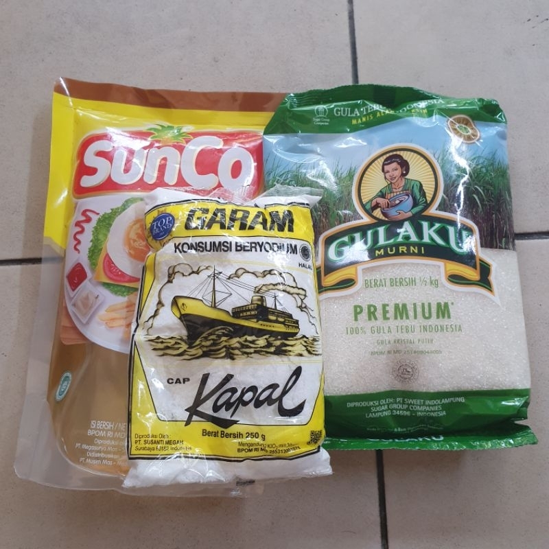 

gulaku 500gr, garam, minyak goreng 500ml