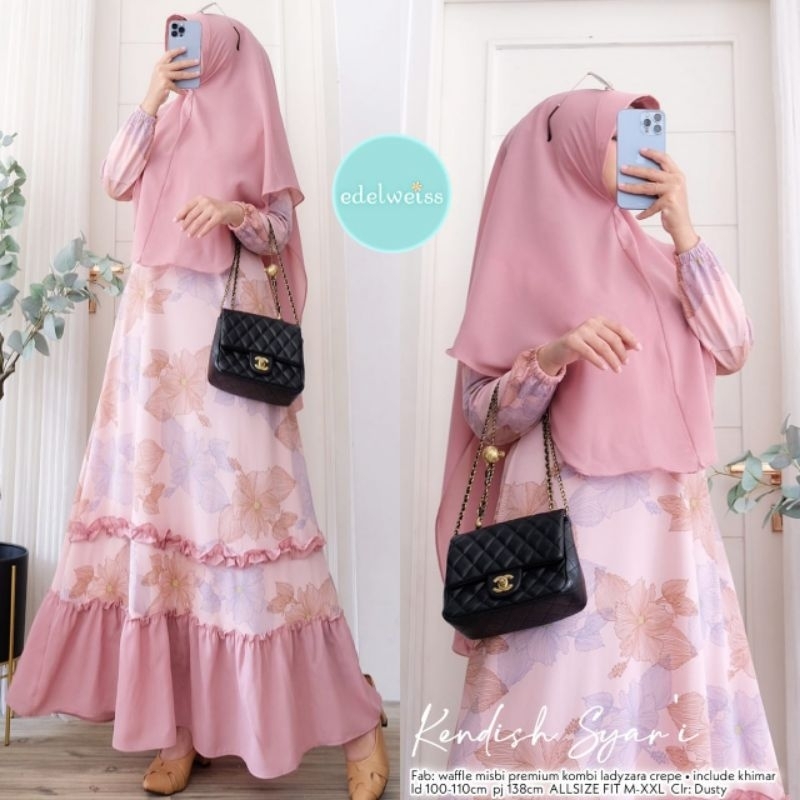 Kendish Syari Ori Edelweiss | Gamis Muslim Set Jilbab Syari - Gamis Kondangan Lebaran Arisan Rempel