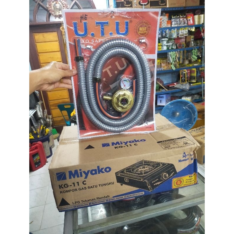 Kompor Gas Miyako 1 Tungku komplit dengan Selang Gas + Regulator UTU Besar, panjang selang kompor Ga
