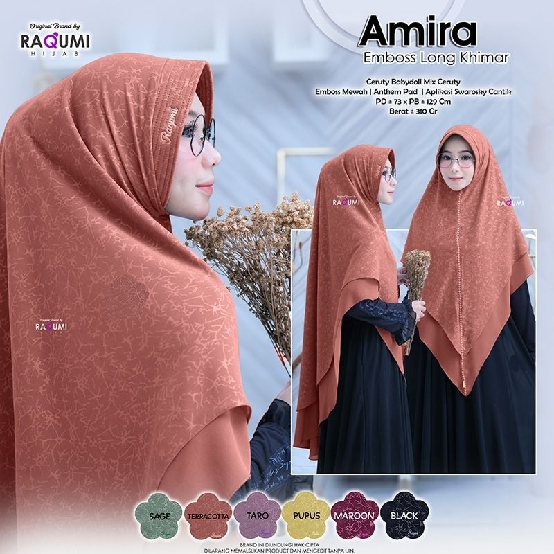 Amira Emboss Long Khimar Original Raqumi - Jilbab Ceruty Swarovsky Mewah - Khimar Syari Double Layer