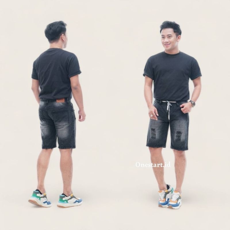 Celana Pendek Sobek Broadshot Jeans Pria Ripped Original Snow Hitam Celana Pendek Sobek Jeans Cowok