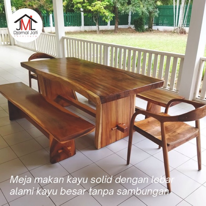 meja makan kayu solid utuh alami, meja makan set trambesi, bangku kayu
