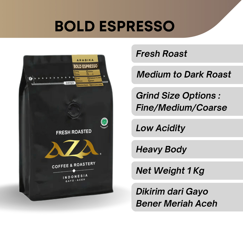 

AZA Coffee Bubuk Kopi Lanang Biji Arabika Aceh Gayo Peaberry BOLD ESPRESSO Roast Bean Coffe Powder