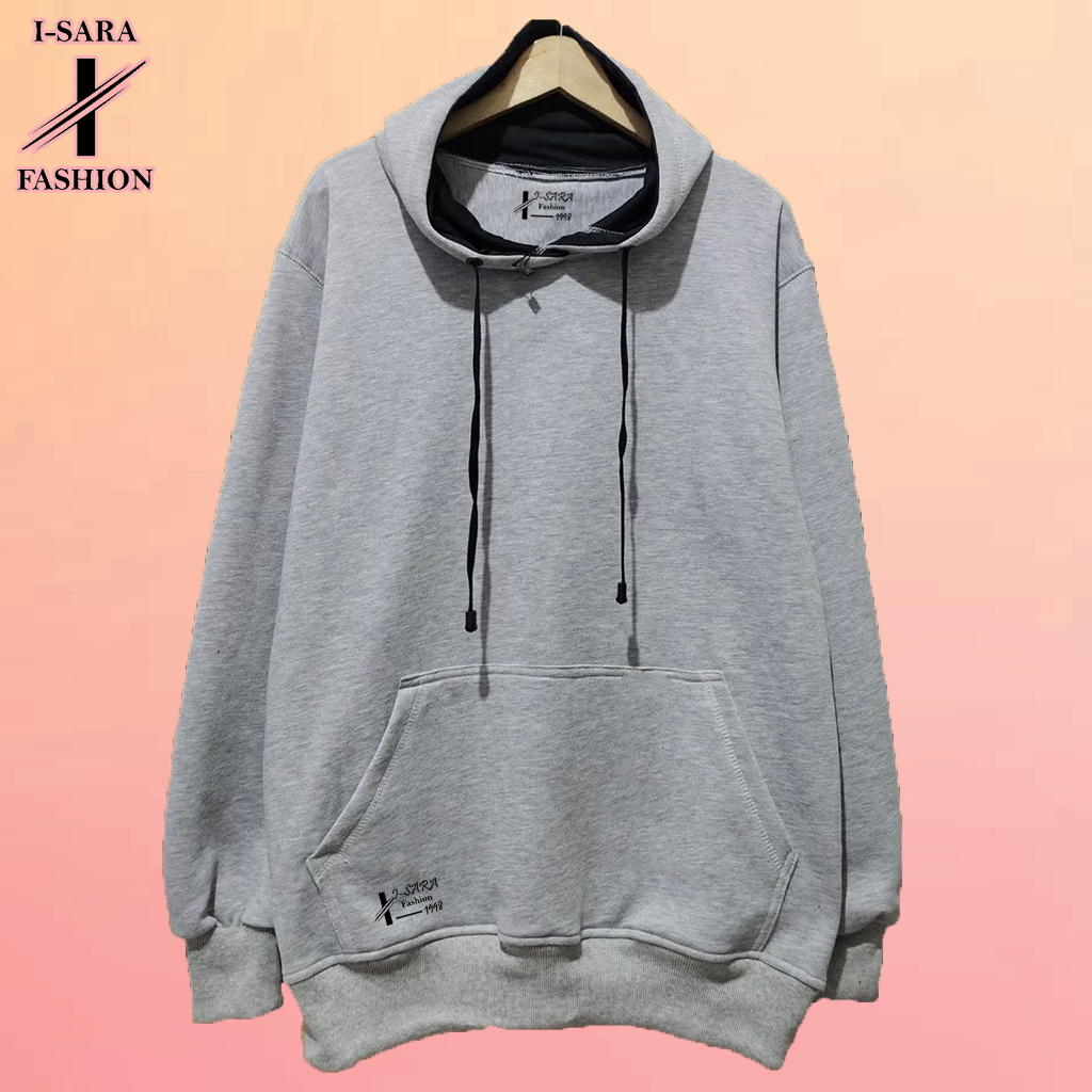 Switer hodi pria oversize polosan warna abu muda sweater hoodie cowok cewek terlaris bahan katun teb