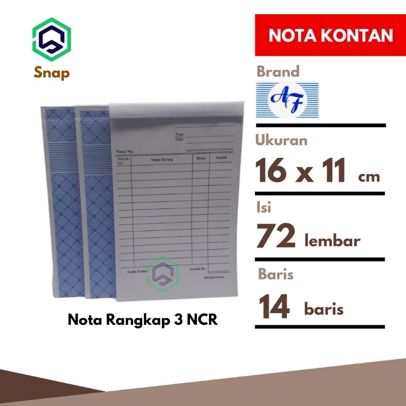 

Nota Bon Kontan Rangkap 3 / 3 Ply Kecil Isi 1 Buku Merk AF