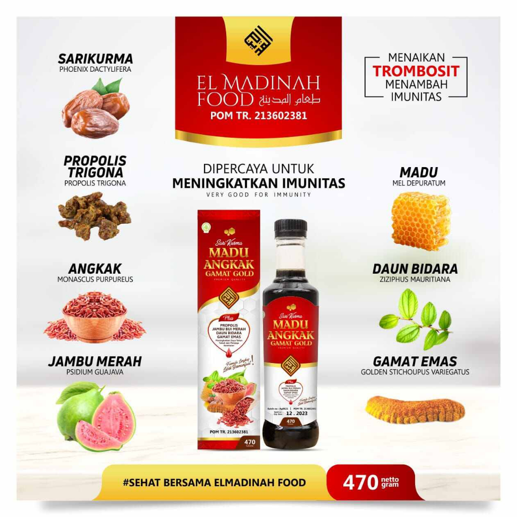 

Madu Angkak EL MADINAH Gamat Gold Sari Kurma Plus Propolis Herbal DBD Typus