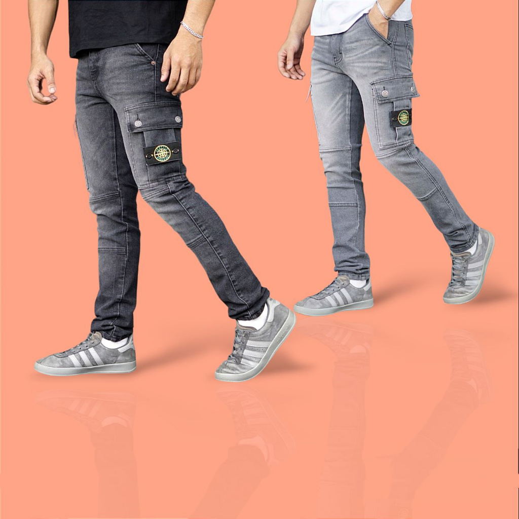 Celana Cargo Jeans Stone Denim Breewout Washing- Celana Panjang Cargo Jeans Pria Slim Fit Stone Deni
