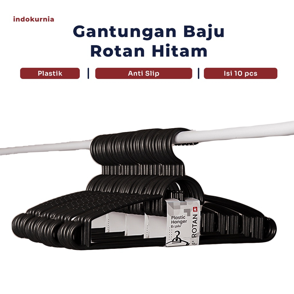 10 PCS GANTUNGAN BAJU ROTAN HITAM INDOKURNIA - DEWASA DAN ANAK - INDO KURNIA ORIGINAL KIDS HANGER